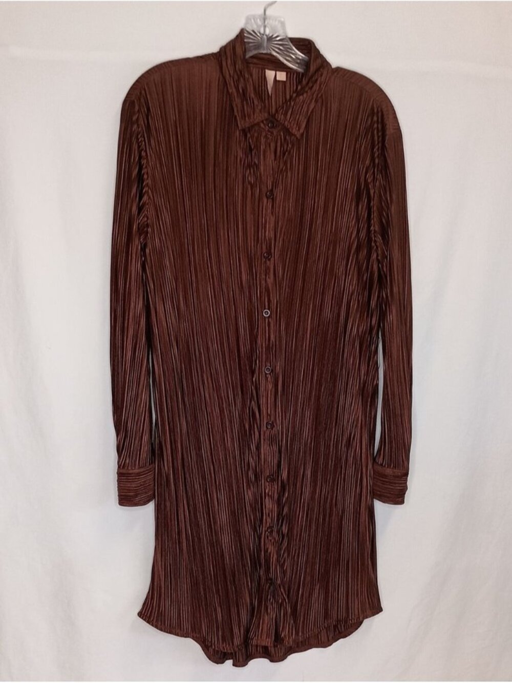 Women's Size M Satin Pleated Shirt Dress Chocolate Brown Old Money - Picture 9 of 10